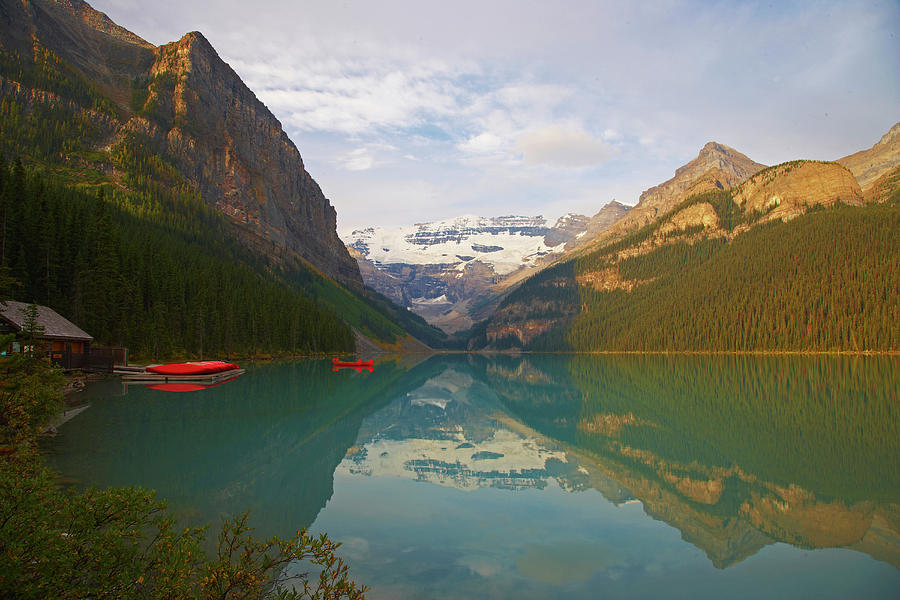 Victoria Glacier And Canoes On Lake Louise, Banff National Park, Rocky ...