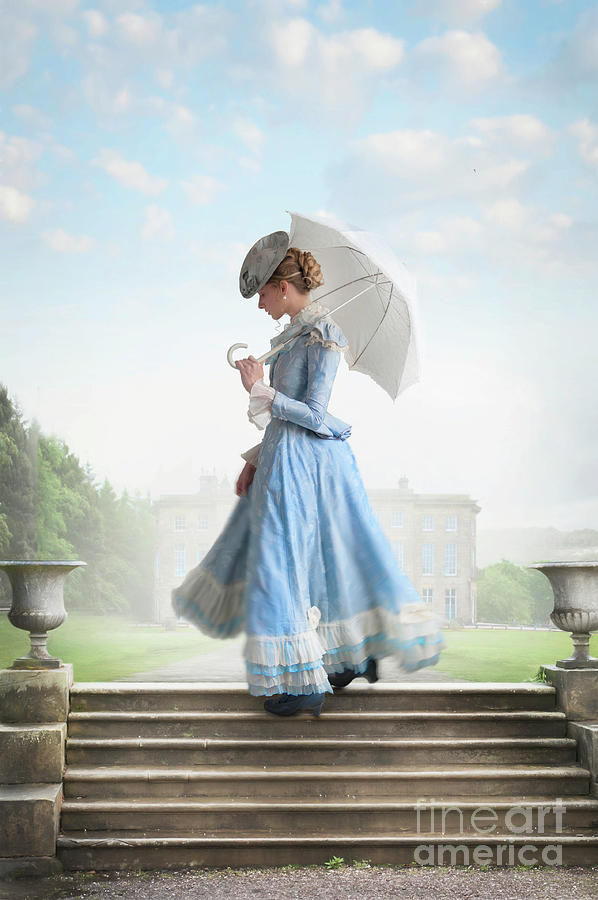 Victorian Woman In A Blue Dress Standing On Steps Photograph By Lee