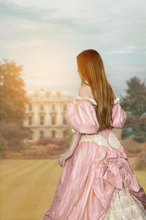 Victorian Woman In A Pink Dress With Mansion And Grounds Photograph by Ethiriel Photography