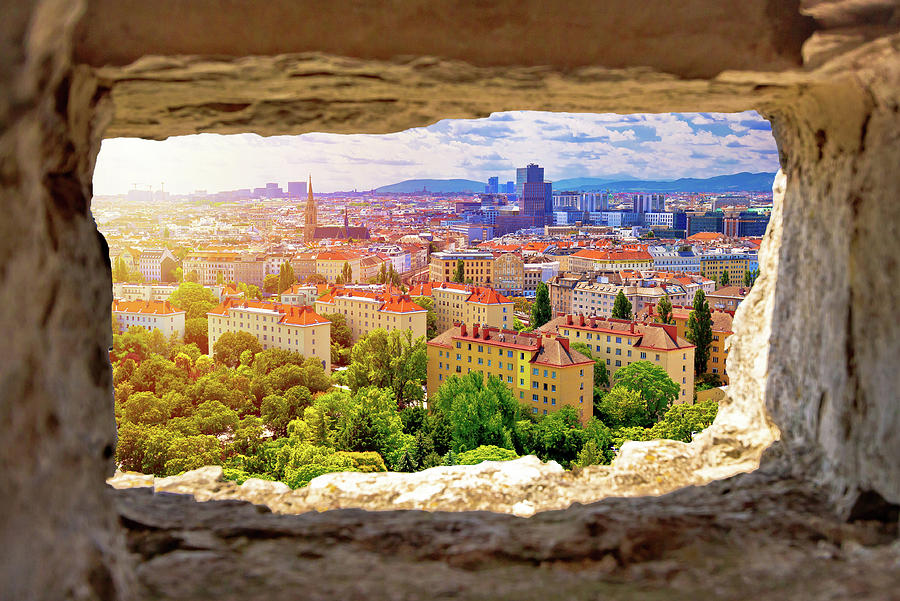 Vienna cityscape and sun haze view through stone window Photograph by Brch Photography