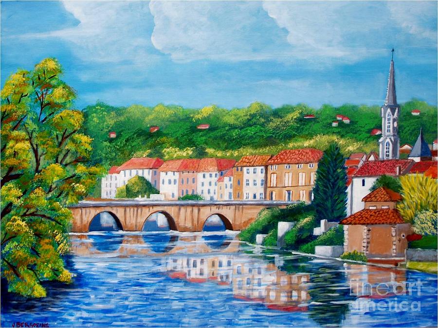Vienne River crossing Confolens, France Painting by Jean Pierre Bergoeing