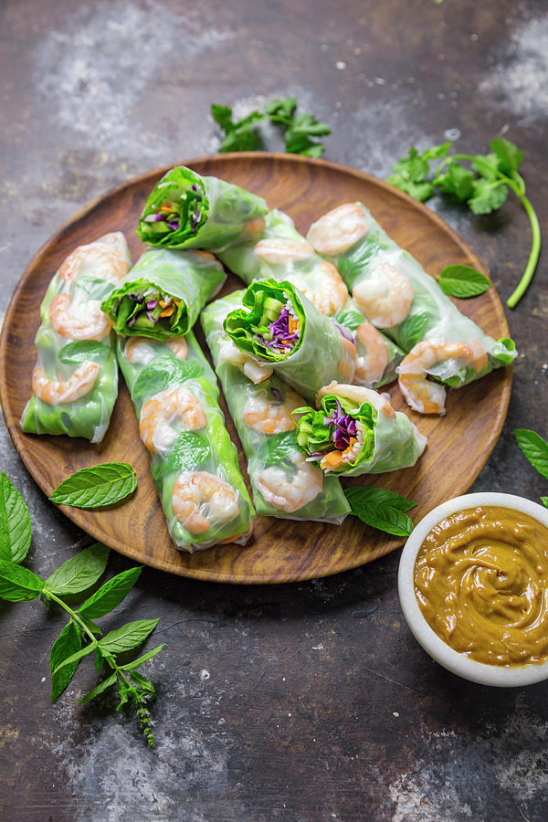 Vietnamese Summer Rolls With Peanut Sauce Photograph by Emily Clifton