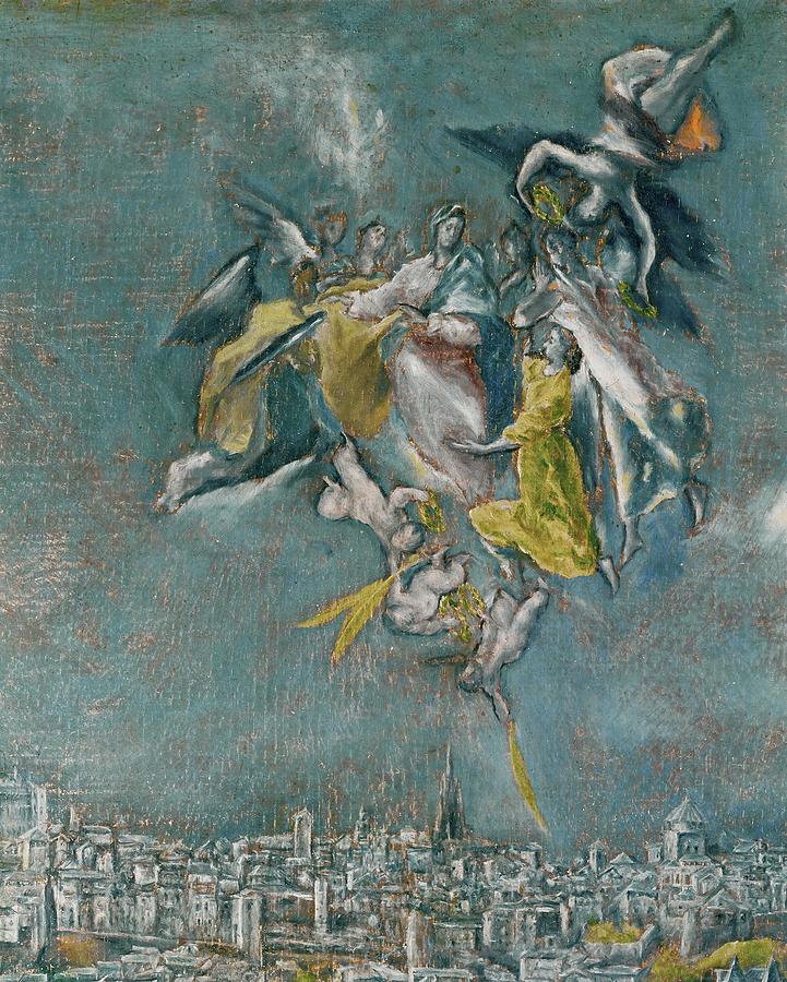 View and map of Toledo. Detail Virgin and angels protecting Toledo. Canvas, 132 x 228 cm. Painting by El Greco -1541-1614-