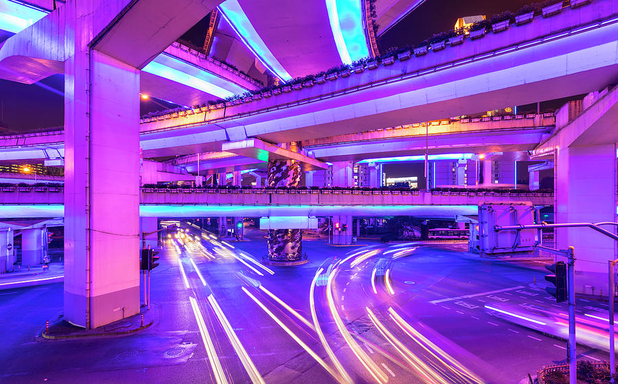 View Below Nine Dragon Intersection At Night, Shanghai, China Digital ...