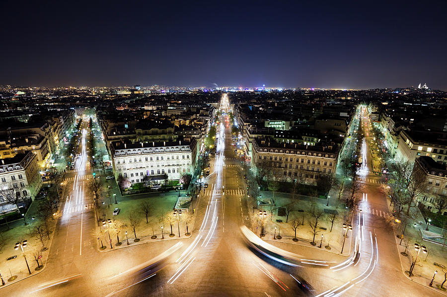 View From Arc De Triomphe At Night Photograph by Jorg Greuel