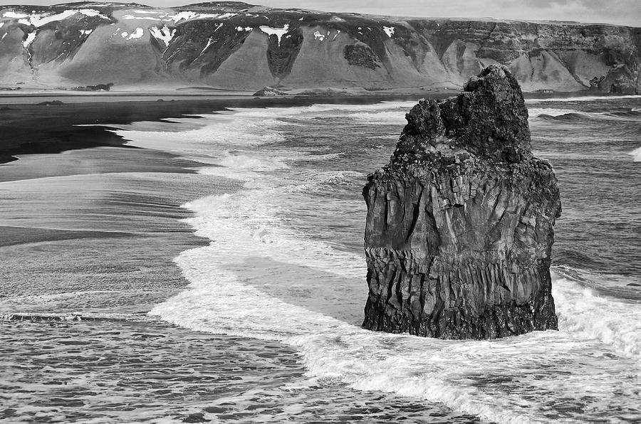 View from Dyrholaey of Reynisfjara Black Sand Beach Sea Stack Iceland Balck and White Photograph by Shawn OBrien