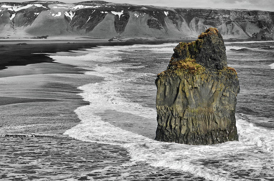 View from Dyrholaey of Reynisfjara Black Sand Beach Sea Stack Iceland Color Splash Photograph by Shawn OBrien