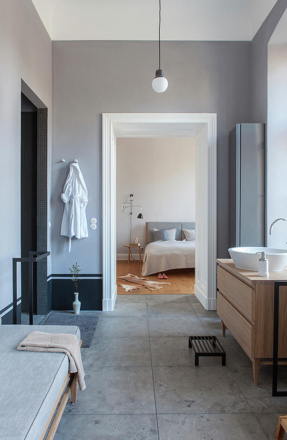 View From Modern Grey Bathroom Into Bedroom Photograph by Anne-catherine Scoffoni