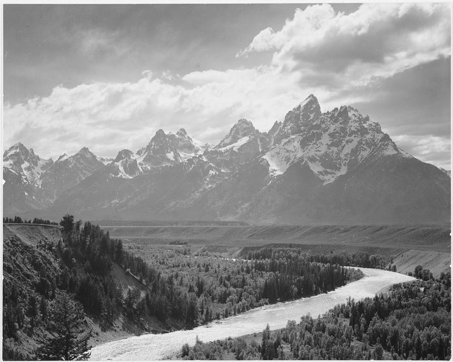 View from river valley towards snow covered mountains river in foreground from left to right Grand Teton,  National Park Wyoming, Geology, Geological. 1933 - 1942 Painting by Ansel Adams