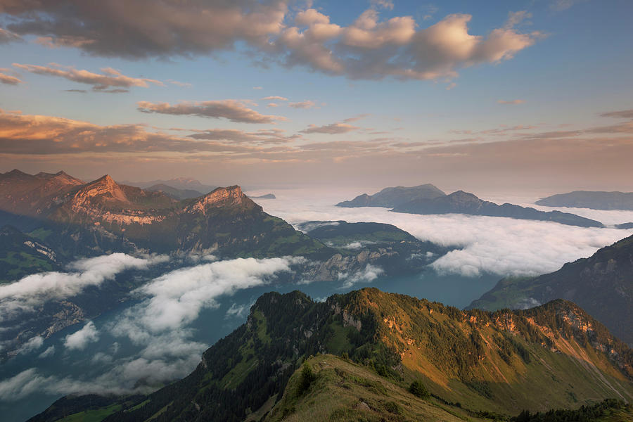 View From Rophaien To Lake Lucerne And The Surrounding Peaks In The Morning, Canton Of Uri, Switzerland Photograph by Tobias Richter