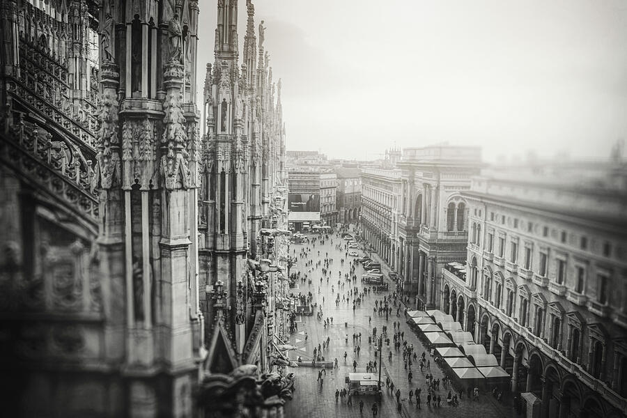 View From The Duomo Rooftop Milan Italy Black And White Photograph