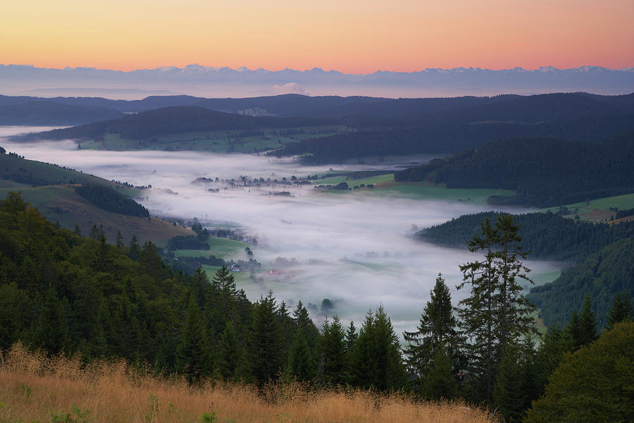 View From The Herzogenhorn At The Bernauer Hochtal valley Of Bernau And Swiss Alps, Sunrise, Summer, Black Forest, Baden-wrttemberg, Germany, Europe Photograph by Brigitte Merz