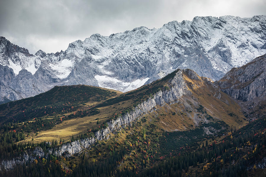 View From The Kreuzeck Into The Reintal And Snow-covered Mountains Near Garmisch-partenkirchen In Autumn, Bavaria Photograph by Bastian Linder