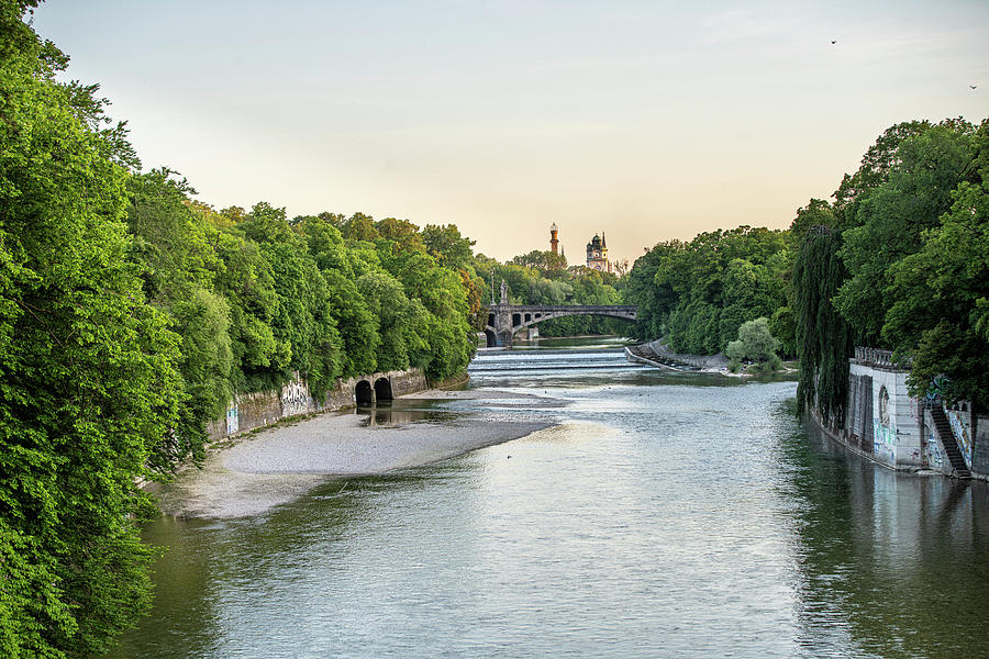 View From The Luitpoltbrcke Towards The South Down The Isar To The Maximiliansbrcke, The Tower Of The Muffathalle And The Mller'schen Volksbad, Munich, Bavaria, Germany Photograph by Franz Subauer