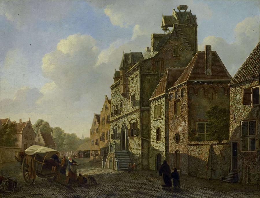 View in Dordrecht. Painting by Johannes Christiaan Schotel -1787-1838- Johannes Schoenmakers -1755-1842-