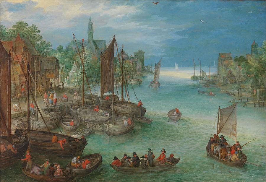 View of a City along a River. View of a Town on a River. Painting by Jan Brueghel -I- -attributed to-