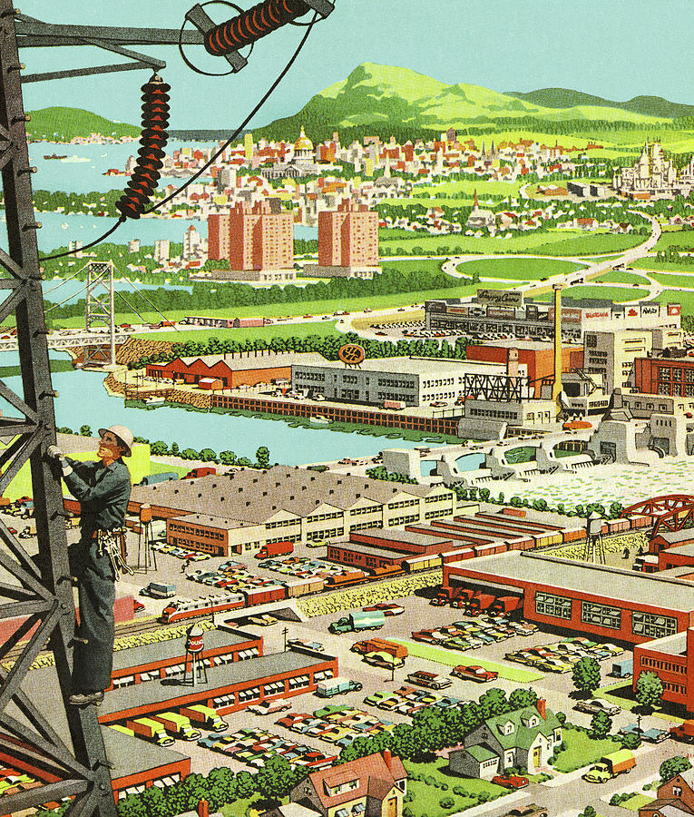 Vintage Drawing - View of a City From a Power Line by CSA Images