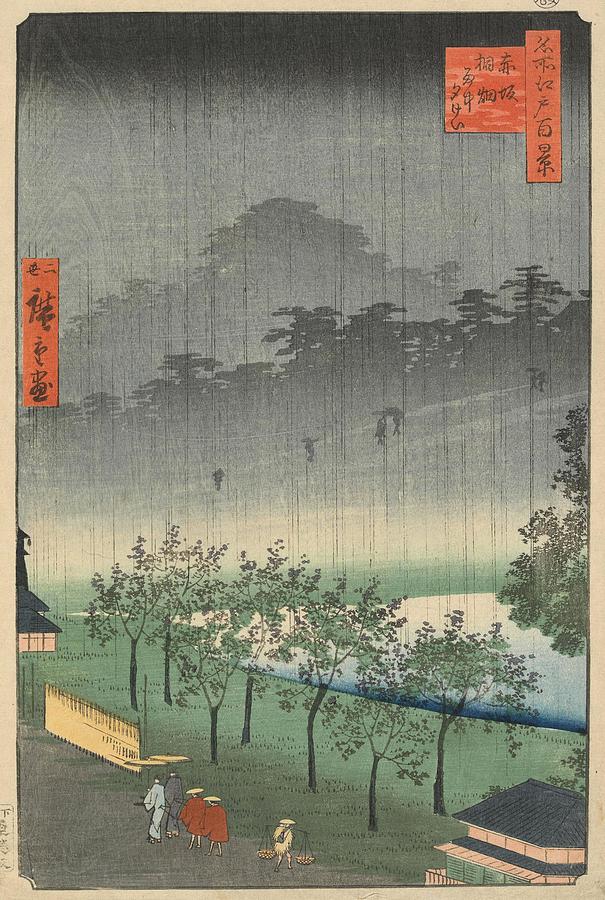 View of a Field of Paulownia Trees in Rain at Akasaka by Night, from the series One Hundred Views... Painting by Utagawa Hiroshige Ii