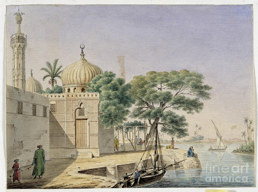 View Of A Mosque By The Water. Egypt. Drawing By Pascal Coste Drawing ...