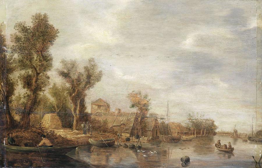 Oil On Panel Painting - View of a River. by Jan van Goyen -follower of-