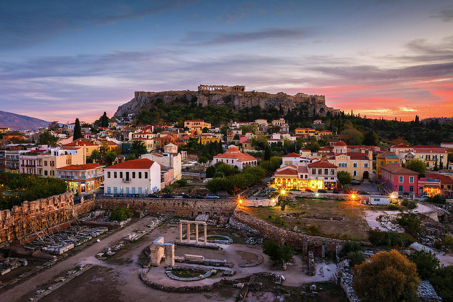 View Of Acropolis From A Roof Top Coctail Bar At Sunset, Greece ...