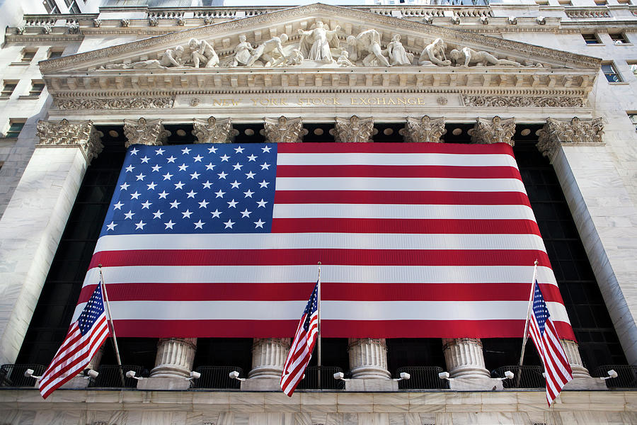 View Of American Flags On The New York Stock Exchange, New York, Usa ...