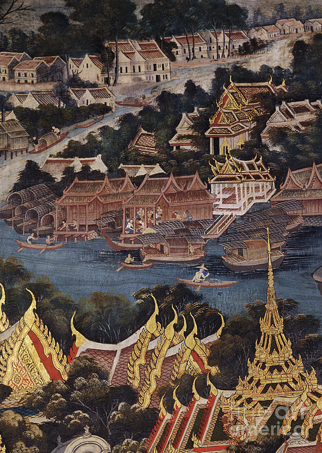 Architecture Painting - View Of Bangkok Royal Palace, The Chao Phraya River And Tonburi, Showing Wooden Thai Houses And Brick And Stucco Chinese Dwellings, 1864 by Thai School
