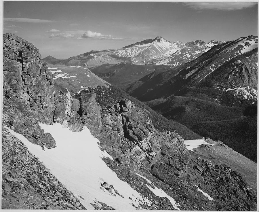 View of barren mountains with snow Longs Peak Rocky Mountain National Park Colorado. 1933 - 1942 Painting by Ansel Adams
