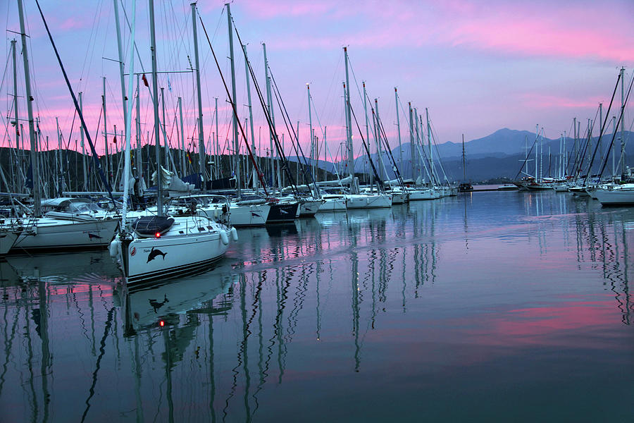 View Of Boats At Harbour Of Fethiye At Night In Aegean, Turkey Photograph by Jalag / Dorothea Schmid