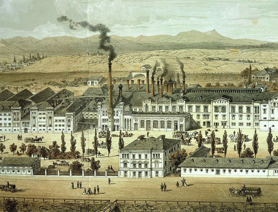 View of brewery Brauhaus Liesing near Vienna engraving, XIX century. Painting by Album