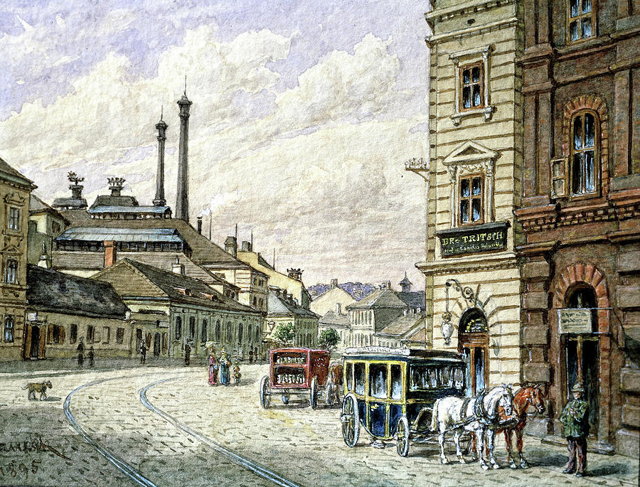 View of brewery in Ottakwingerstrasse Vienna watercolour, 1895. Painting by Gustav Zafaurek -1841-1908-