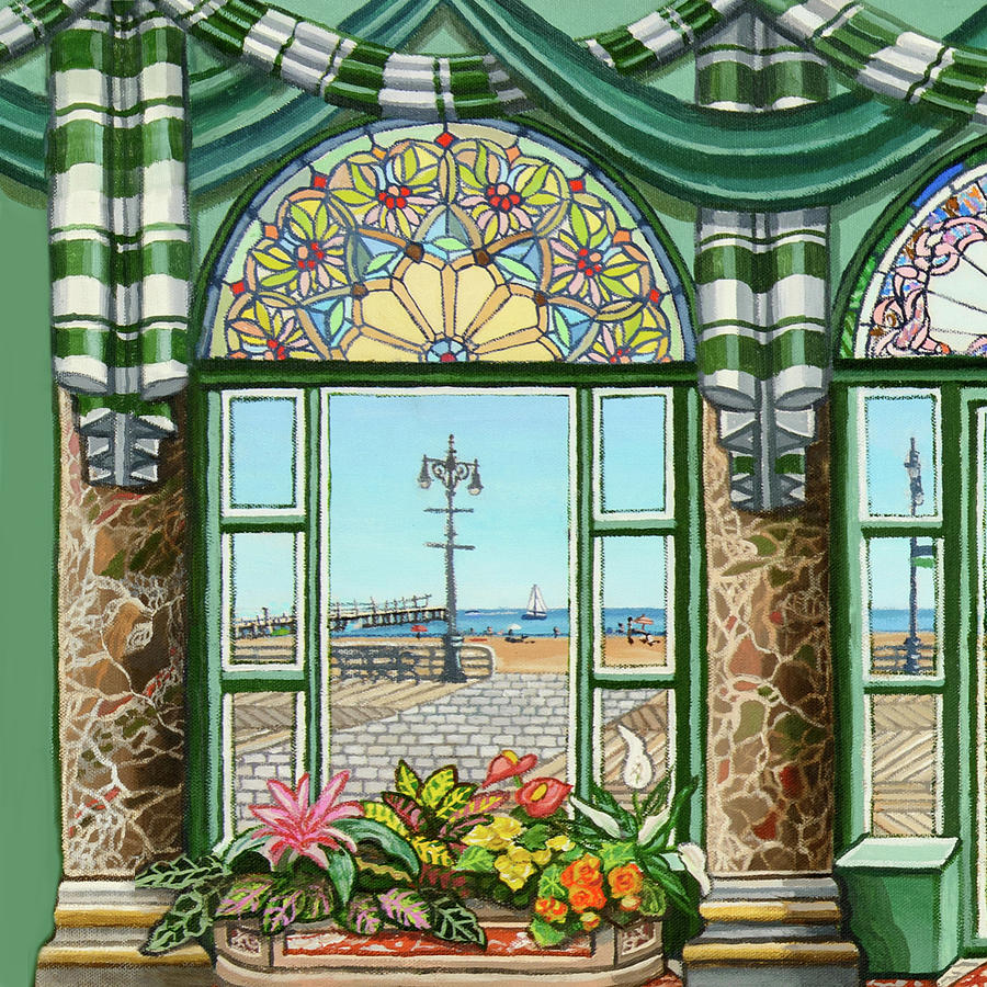 View of Coney Island Beach Pillow Mural #1 Painting by Bonnie Siracusa