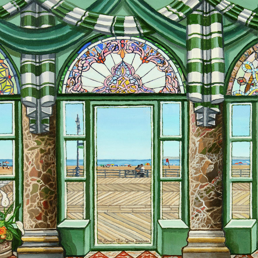 View of Coney Island Beach Pillow Mural #2 Painting by Bonnie Siracusa