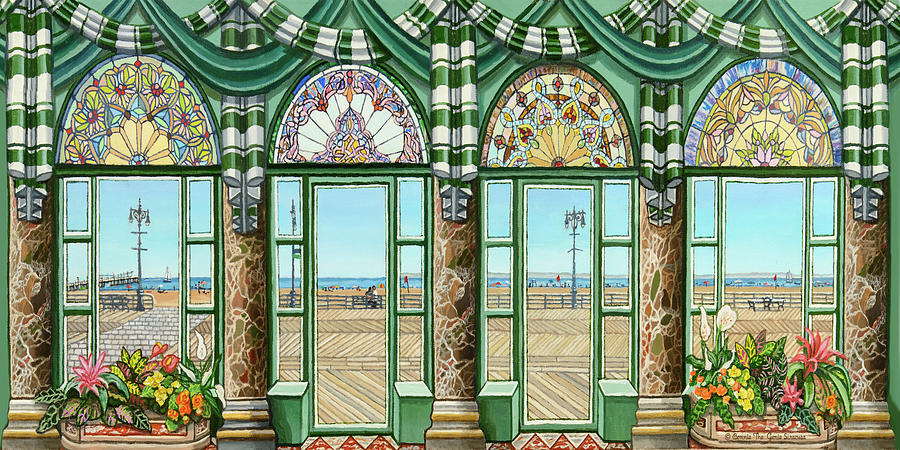 View of Coney Island Beach Towel Version Painting by Bonnie Siracusa
