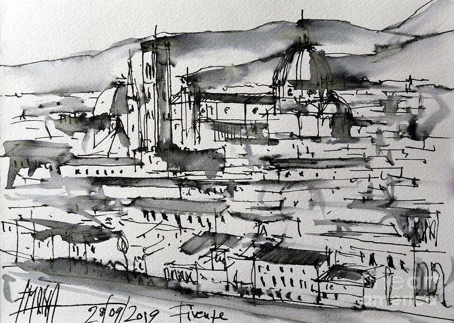 Travel Painting - View of Florence from Piazzale Michelangelo Ink Sketch by Mona Edulesco