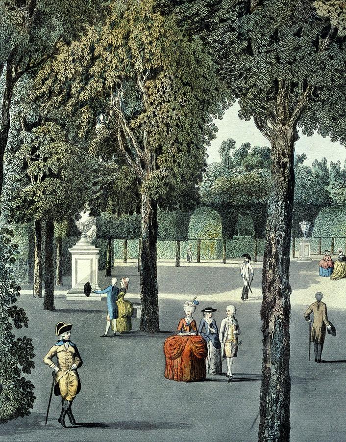 View of gardens of the Royal Palace at Schoenbrunn Vienna, engraving end 18th century. Painting by Laurenz Janscha -1749-1812-
