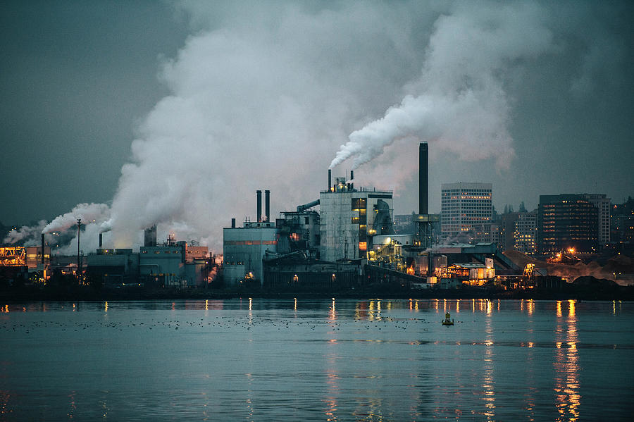 Tacoma Digital Art - View Of Industrial Plant And Smoke Stacks At Night, Tacoma, Washington, Usa by Pete Saloutos