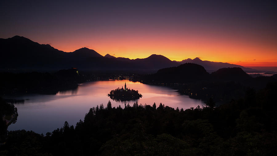 View of Lake Bled at sunrise from Ojstrica Photograph by Ian Middleton