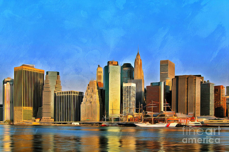 View of Manhattan from Brooklyn Heights during sunrise Painting by George Atsametakis
