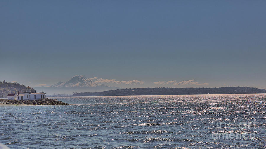 View of  Mount Rainier and a lighthouse Photograph by Agnes Caruso