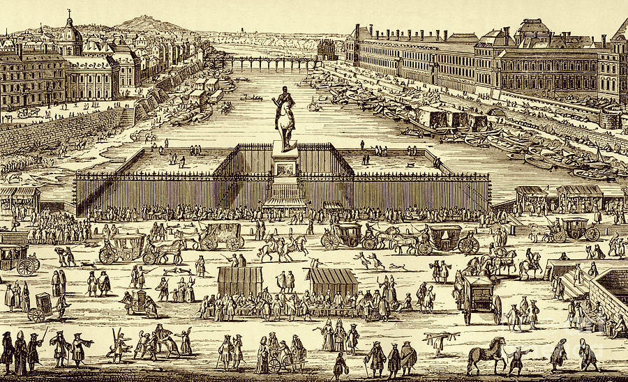 View of Pont-Neuf in 1702, Paris Drawing by French School