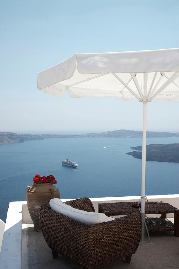 View Of Rooftop Terrace And Sea Ferry, Oia, Santorini, Cyclades, Greece ...