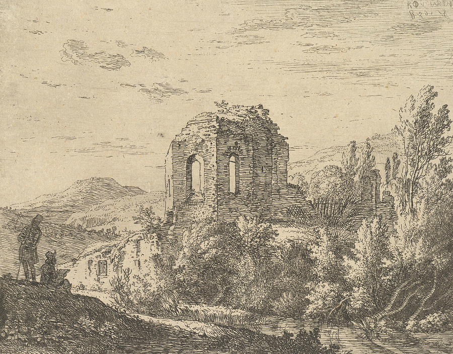 View of ruins showing the corner of a building with two arched windows Relief by Karel Dujardin