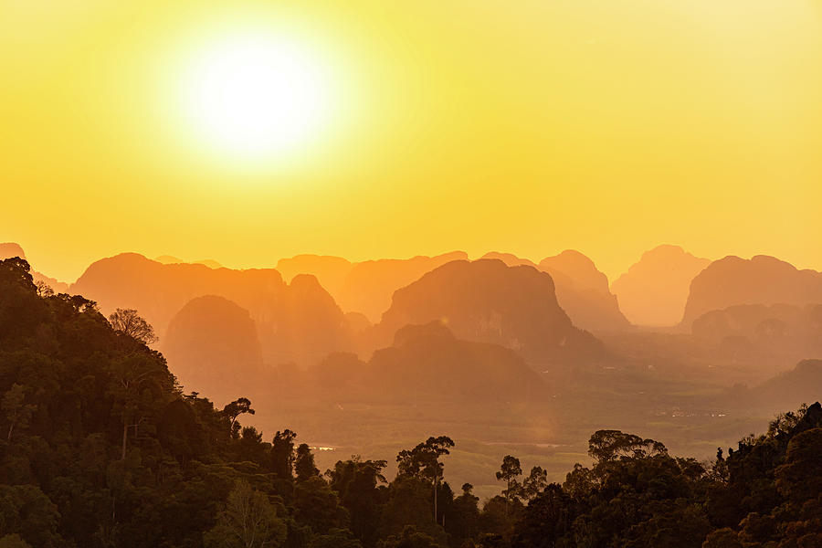 View Of Sunset Over Landscape From Tiger Cave Mountain, Tiger Cave Temple, Krabi Town, Thailand Photograph by Robin Runck