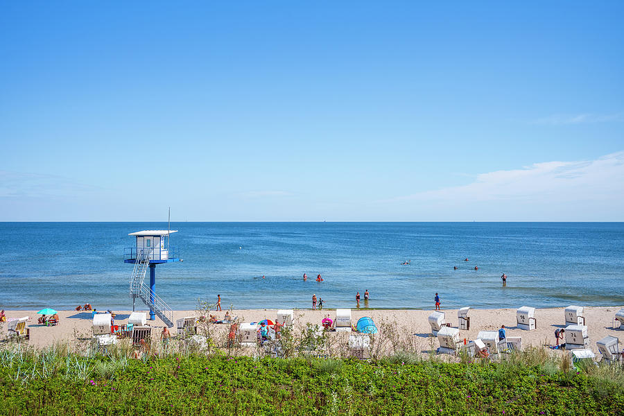 View Of The Beach Of Heringsdorf With Rescue Tower And Vacationers, Usedom, Mecklenburg-western Pomerania, Germany Photograph by Max Bauerfeind