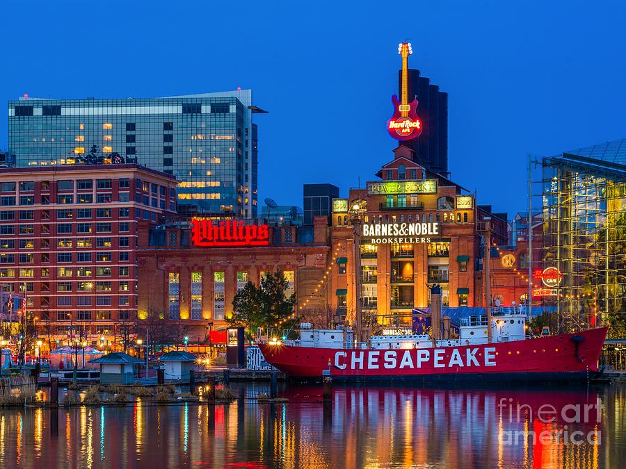 Sign Photograph - View Of The Chesapeake Lightship And Power Plant At Night, At The Inner Harbor In Baltimore, Maryland, Usa by 