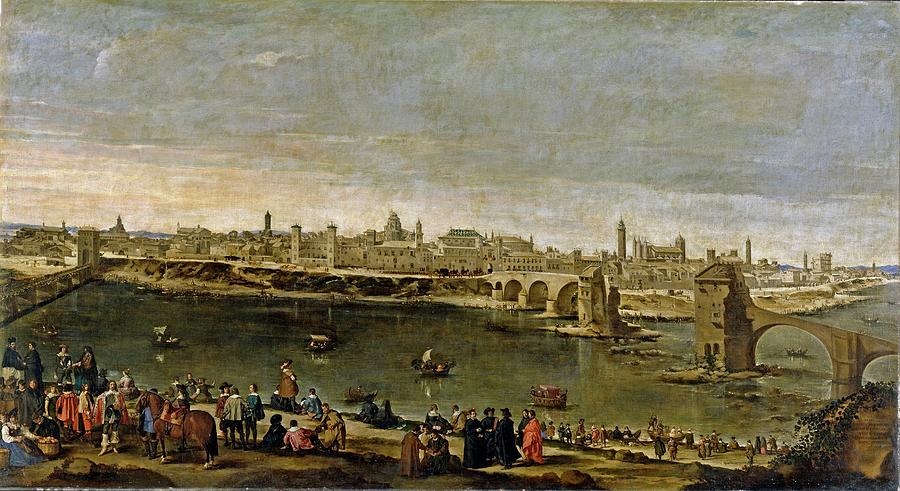 View of the City of Saragossa, 1647, Spanish School, Oil on c... Painting by Juan Bautista Martinez del Mazo -c 1612-1667-