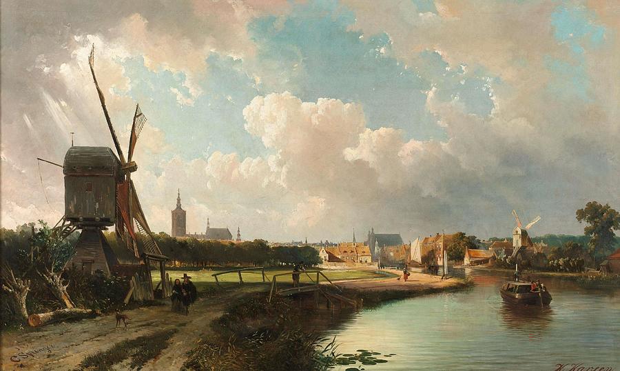 View of The Hague from the Delftse Vaart in the Seventeenth Century. Painting by Kasparus Karsen -1810-1896- Cornelis Springer -1817-1891-