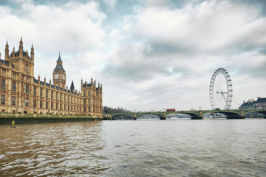 Architecture Digital Art - View Of The London Eye And The Houses Of Parliament, London, Uk by Frank And Helena