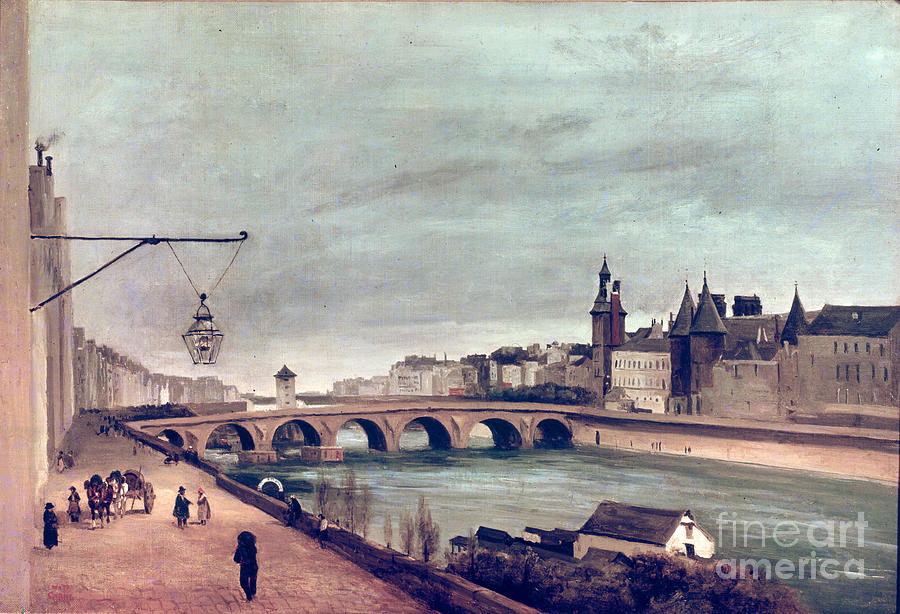 View Of The Pont Au Change From Quai De Gesvres, Summer 1830 Painting by Jean Baptiste Camille Corot
